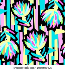 Seamless summer tropical floral pattern, textile doodle grunge texture.Trendy modern ink artistic design with authentic,unique scrapes, watercolor blotted background, expressive ink painting