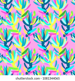 Seamless summer tropical floral pattern, textile doodle grunge texture.Trendy modern ink artistic design with authentic,unique scrapes, watercolor blotted background, expressive ink painting