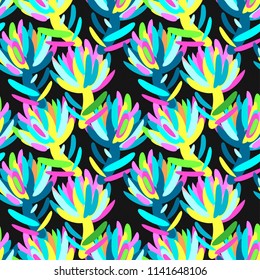 Seamless summer tropical floral pattern, textile doodle grunge texture.Trendy modern ink artistic design with authentic,unique scrapes, watercolor blotted background, expressive ink painting
