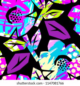 Seamless summer tropical flowers pattern, textile doodle grunge texture.Trendy modern ink artistic design with authentic,unique scrapes, watercolor blotted background, expressive ink painting