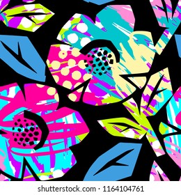 Seamless summer tropical flowers pattern, textile doodle grunge texture.Trendy modern ink artistic design with authentic,unique scrapes, watercolor blotted background, expressive ink painting