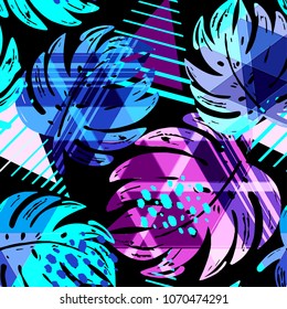 Seamless summer tropical leaves pattern, textile doodle  grunge texture.Trendy modern ink artistic design with authentic,unique scrapes, watercolor blotted background, expressive ink painting