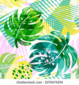 
Seamless summer tropical leaves pattern, textile doodle  grunge texture.Trendy modern ink artistic design with authentic,unique scrapes, watercolor blotted background, expressive ink painting