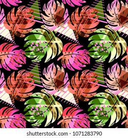 Seamless summer tropical leaves pattern, textile doodle  grunge texture.Trendy modern ink artistic design with authentic,unique scrapes, watercolor blotted background, expressive ink painting