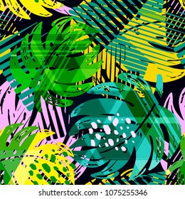 
Seamless summer tropical leaves pattern, textile doodle  grunge texture.Trendy modern ink artistic design with authentic,unique scrapes, watercolor blotted background, expressive ink painting