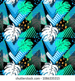 
Seamless summer tropical leaves pattern, textile doodle  grunge texture.Trendy modern ink artistic design with authentic,unique scrapes, watercolor blotted background, expressive ink painting