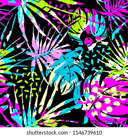 Seamless summer tropical leaves pattern, textile doodle grunge texture.Trendy modern ink artistic design with authentic,unique scrapes, watercolor blotted background, expressive ink painting