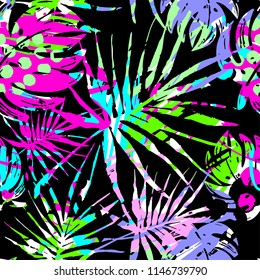Seamless summer tropical leaves pattern, textile doodle grunge texture.Trendy modern ink artistic design with authentic,unique scrapes, watercolor blotted background, expressive ink painting