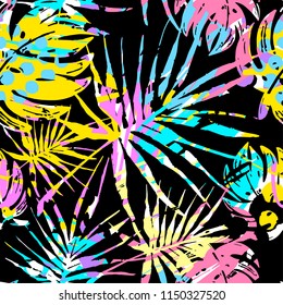 Seamless summer tropical leaves pattern, textile doodle grunge texture.Trendy modern ink artistic design with authentic,unique scrapes, watercolor blotted background, expressive ink painting