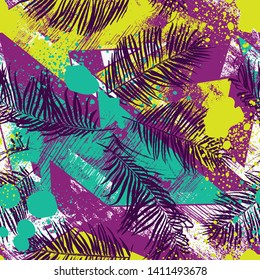 Seamless summer tropical leaves pattern, textile doodle grunge texture.Trendy modern ink artistic design.