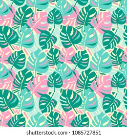Seamless summer tropical leaves pattern,textile doodle grunge texture.Trendy modern ink artistic design,funky print.Modern fashion background.Expressive ornament for textile,wrapping,apparel