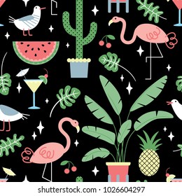 Seamless summer tropical pattern with cute flamingos and plants 