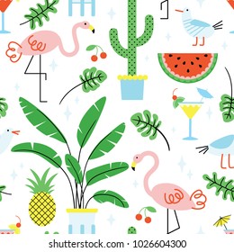 Seamless summer tropical pattern with cute flamingos and plants 