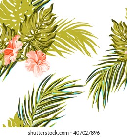 Seamless summer tropical pattern with exotic flowers vector background. Good for wallpapers, web page backgrounds, surface textures, textile