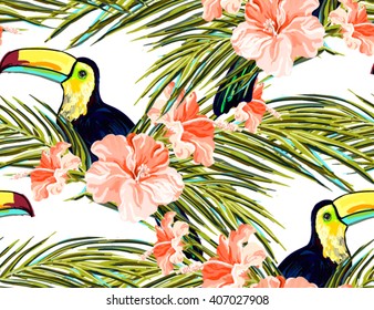 Seamless summer tropical pattern with exotic flowers vector background. Good for wallpapers, web page backgrounds, surface textures, textile