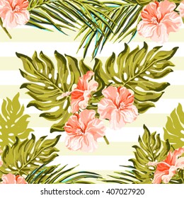 Seamless summer tropical pattern with exotic flowers vector background. Good for wallpapers, web page backgrounds, surface textures, textile