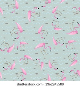 Seamless summer tropical pattern with flamingo and fish