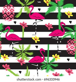 Seamless summer tropical pattern with flamingo, palm tree, flower and pineapple vector illustration