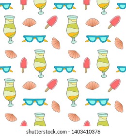 Seamless summer tropical pattern with  painted ice cream, watermelon slices, cocktail and glasses. Relaxation, resort, beach pattern. Vector hand drawn background.