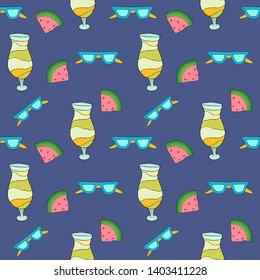 Seamless summer tropical pattern with  painted ice cream, watermelon slices, cocktail and glasses. Relaxation, resort, beach pattern. Vector hand drawn background.