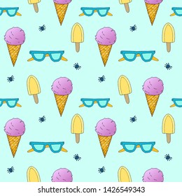 Seamless summer tropical pattern with  painted ice cream and glasses. Relaxation, resort, beach pattern. Vector hand drawn background.