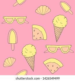 Seamless summer tropical pattern with  painted ice cream, watermelon slices and glasses. Relaxation, resort, beach pattern. Vector hand drawn background.