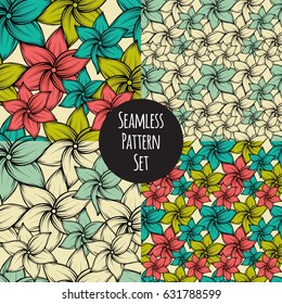 Seamless summer tropical pattern set with exotic flowers, vector illustration.