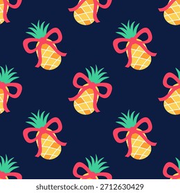 Seamless summer tropical pineapple pattern whith bows on blue background. Vector background for fabric, print, parer, wallpaper, cover 