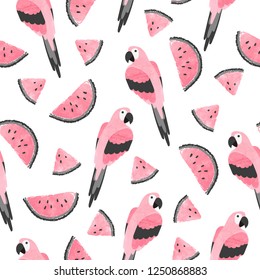 Seamless summer tropical trendy pattern with watercolor parrots and watermelon.