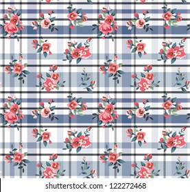 seamless summer tropical vintage flowers pattern background with check background