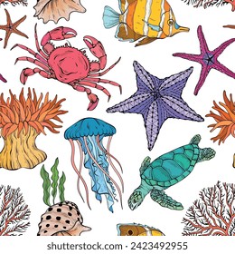 Seamless summer underwater pattern. Various shell, algae, turtle, crab, crayfish, jellyfish, shell, coral starfish anemone on white background Vector illustration