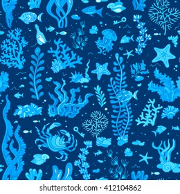 Seamless summer underwater pattern. Various shell, algae, fish, starfish, bottle with a letter, key on dark blue background. Vector illustration. 