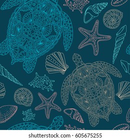 Seamless summer underwater pattern. Various shell, algae, starfish, tortoise, coral, on dark blue background. Vector illustration. Zen art