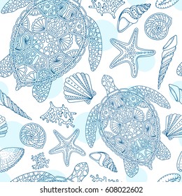 Seamless summer underwater pattern. Various shell, algae, starfish, coral, turtle on white dotted background. Vector illustration.