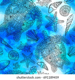 Seamless summer underwater pattern. Various shell, algae, starfish, coral, turtle on vector watercolor background with brush strokes, drops. Blue and turquoise sea water design