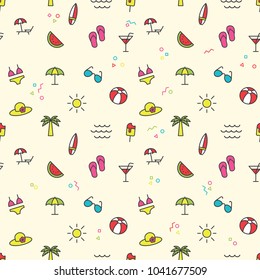 Seamless summer vacation color icons pattern vector on yellow background