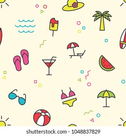 Seamless summer vacation color icons pattern vector on yellow background