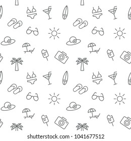 Seamless summer vacation icons pattern grey vector on white background
