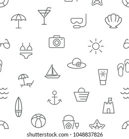 Seamless summer vacation icons pattern grey vector on white background