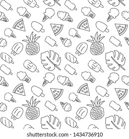 Seamless summer vacation icons pattern with ice cream, watermelon, pineapple and palm leaves. Vector hand drawn black outline illustration on white background
