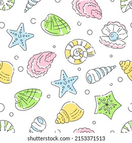 Seamless summer vacation icons pattern. Colorful pearl, starfish, shellfish, oyster, and scallop symbols of summer adventure trip spring. Vector printable background tile with minimal line art.