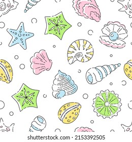 Seamless summer vacation icons pattern. Colorful pearl, starfish, shellfish, and scallop symbols of summer adventure trip spring. Vector printable background tile with minimal line art.