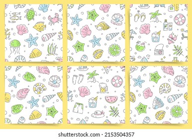 Seamless summer vacation icons pattern set. Vector collection of  printable background tiles with minimal line art. Repeatable pattern with shellfish, palms, beverage, cocktails, sea fishes.