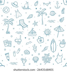Seamless summer vacation pattern with hand drawn beach doodles including swimwear, cocktails, shells, palms and ocean elements on white background