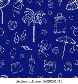 Seamless summer vacation pattern with hand-drawn beach elements including palm trees, suitcase, umbrella, swimsuit, and ice cream on dark blue background.