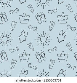 Seamless summer vacation symbols gray vector on a white background