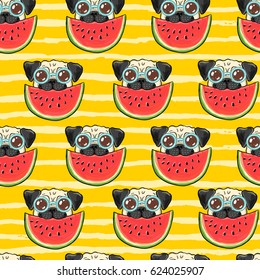 Seamless Summer Vector Background Pattern With Funny Pug Dog In Sunglasses Eating Watermelon