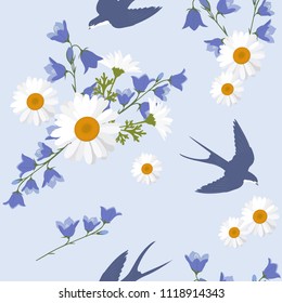 Seamless summer vector illustration with daisies, campanula and swallows. For decorating textiles, packaging and web design.