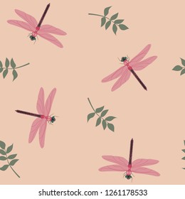Seamless summer vector illustration. Dragonflies and leaves on a pink background. For decorating textiles, packaging, web design.