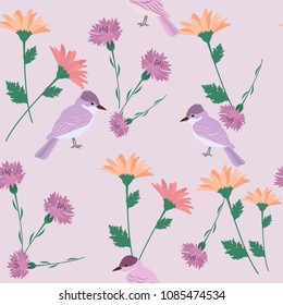 Seamless summer vector illustration with gerberas, cornflowers and exotic birds. For decorating textiles, packaging and wallpaper.